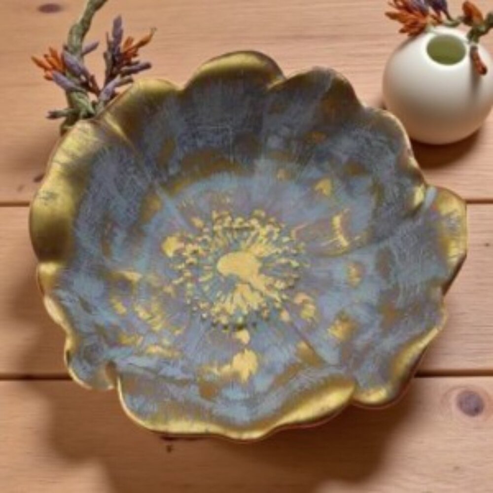 Vintage MCM Stangl Hand Painted Antique Gold Art Pottery Floral Bowl